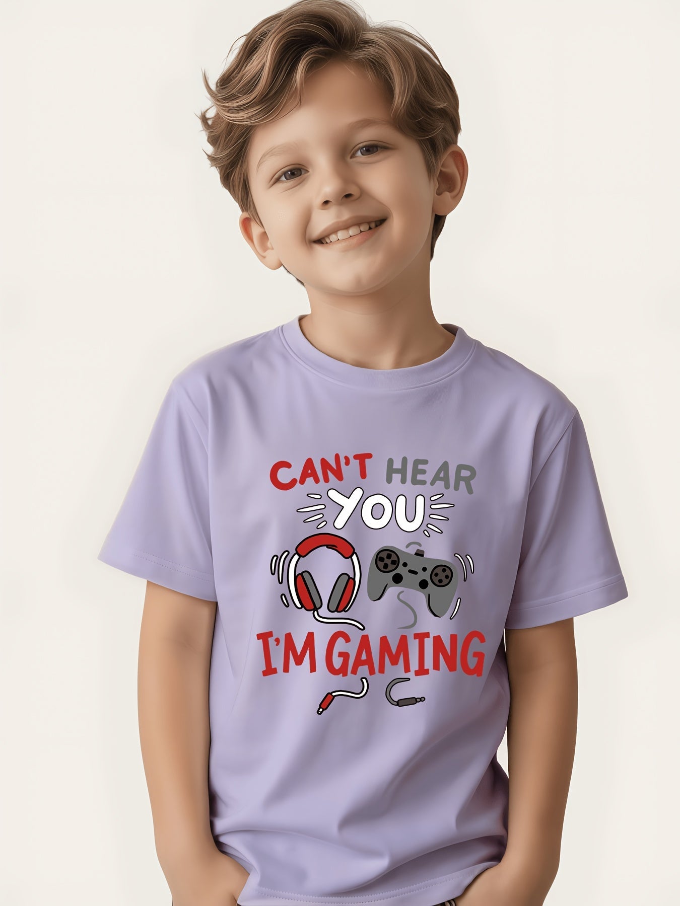 Boys' Graphic T-Shirt - "Can't Hear You While Gaming" Slogan Tee - Casual Loose-Fit Breathable Fashion Top for Gamers - Orange Daily Casual and LAN Party Outfit - Machine Washable Summer Apparel, Gaming Style, Crew Neck Design, Youth Style