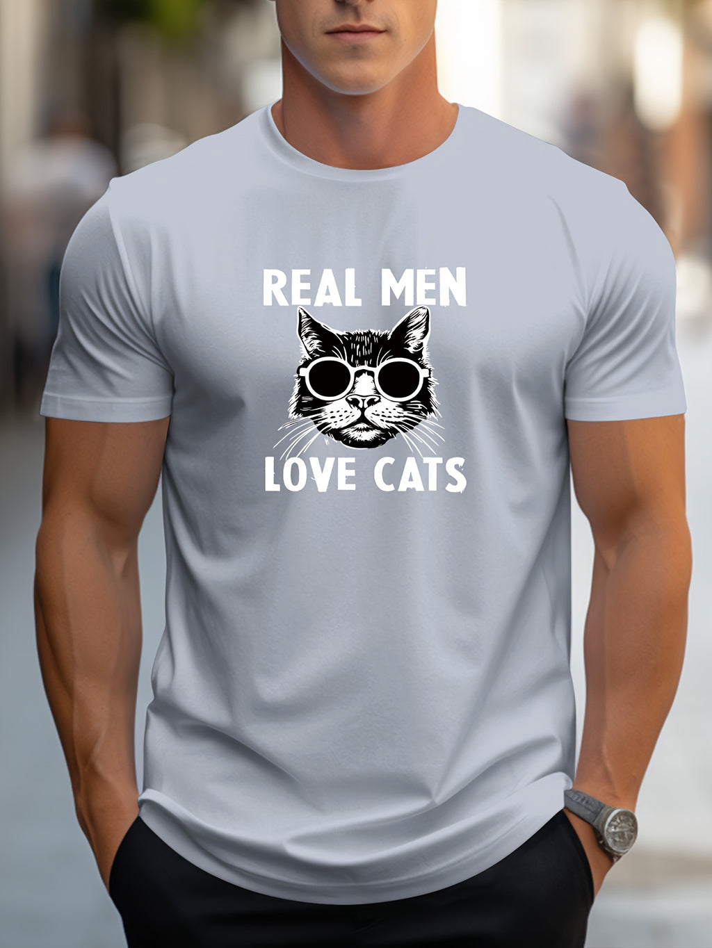 Men's Trendy Hand-Drawn Kitten Print Regular Shoulder T-Shirt