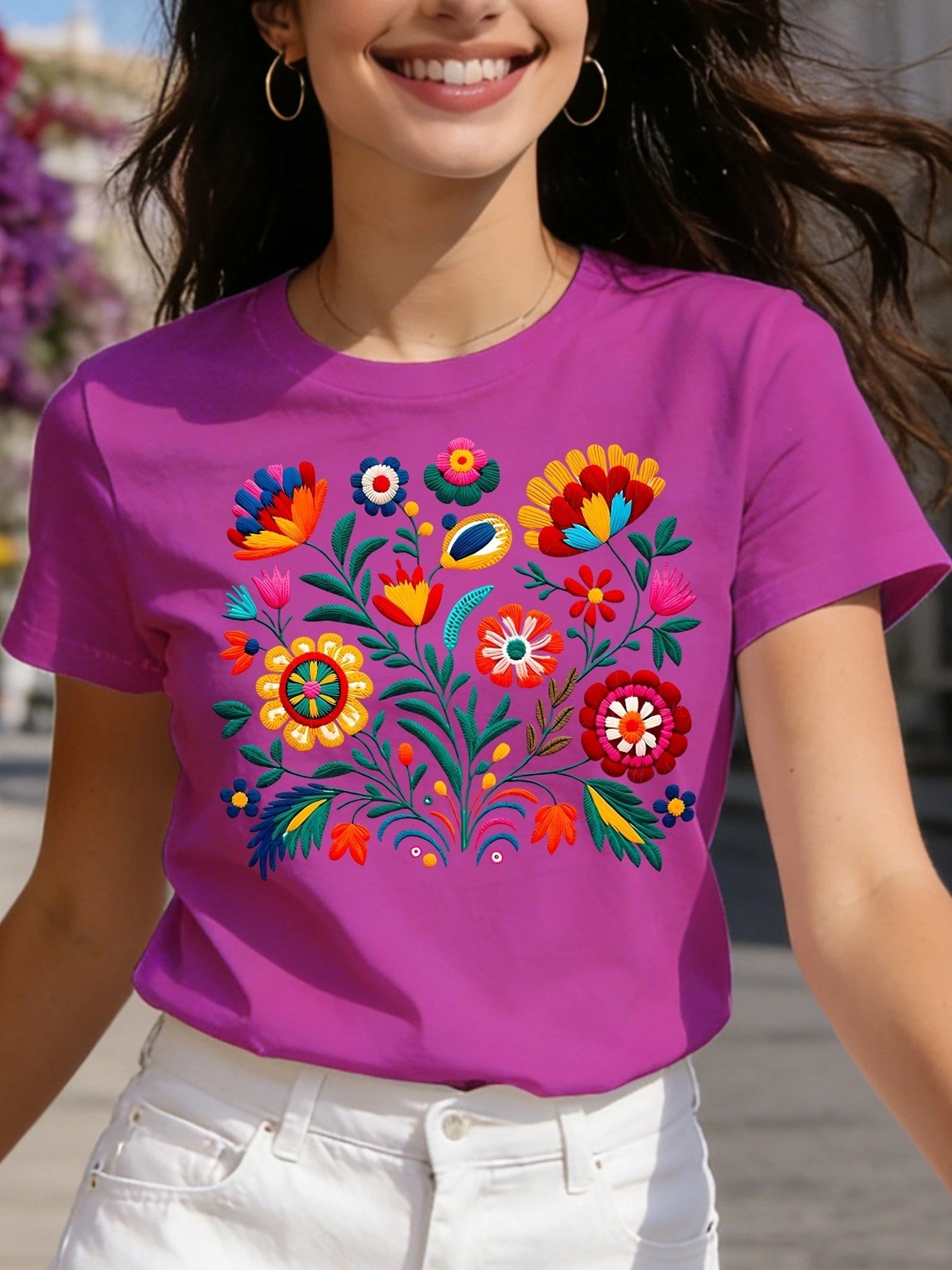 Mexican Color Floral Fiesta Letter Print T-shirt, Casual Short Sleeve Crew Neck Top Women's Clothing