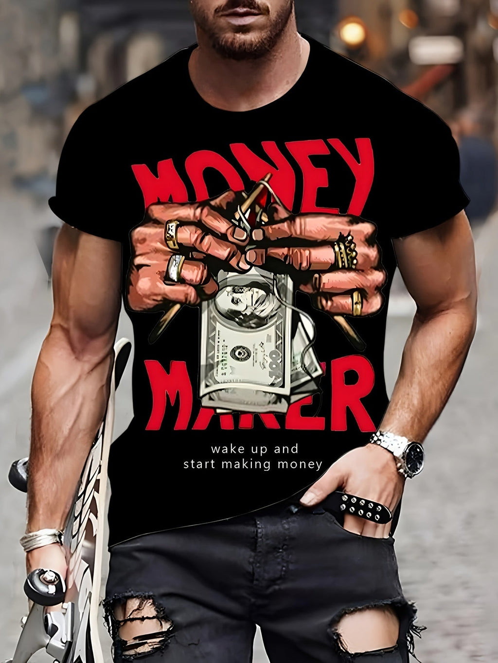 Hands With Money Print Men's Crew Neck Fashionable Short Sleeve Sports T-shirt, Comfortable And Versatile, For Summer And Spring, Athletic Style, Comfort Fit T-Shirt, As Gifts