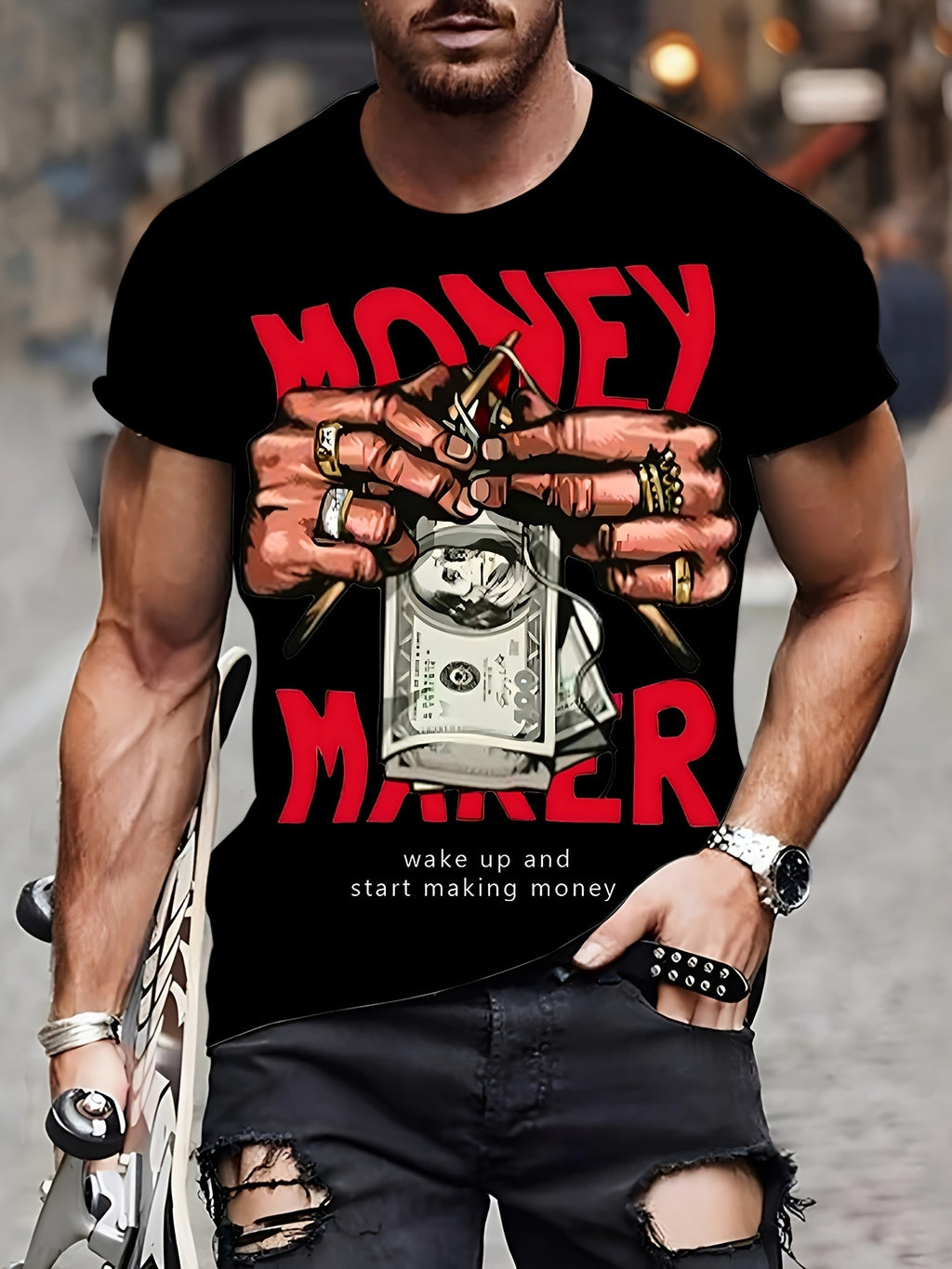 Hands With Money Print Men's Crew Neck Fashionable Short Sleeve Sports T-shirt, Comfortable And Versatile, For Summer And Spring, Athletic Style, Comfort Fit T-Shirt, As Gifts