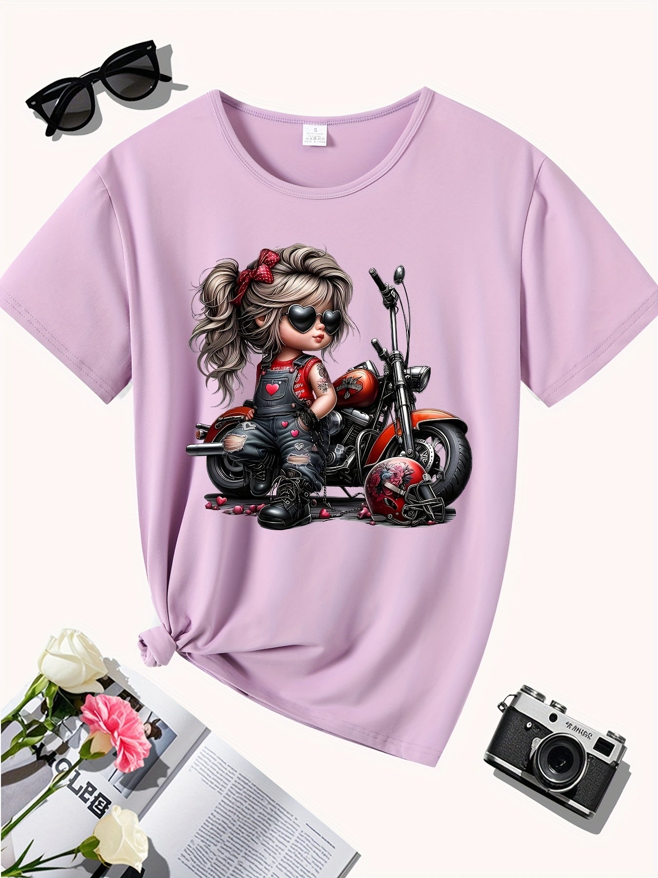 Fashion Motorcycle, Gift, Holiday Edition, Novelty Print, New Women's Round Neck Casual Sport All-Season Comfort T-Shirt