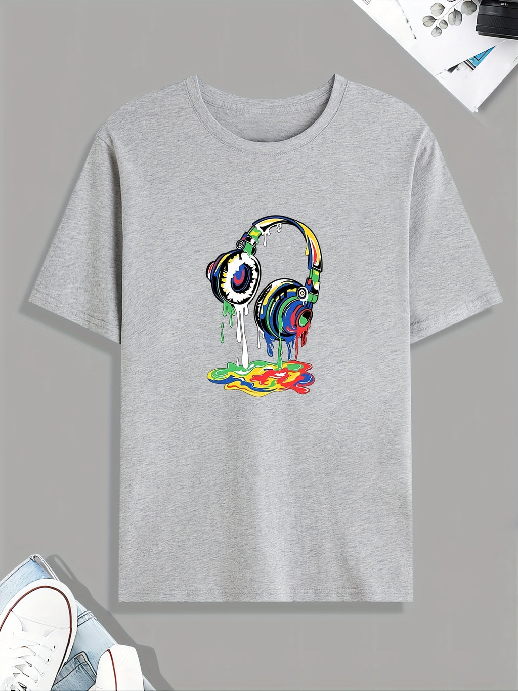 Headset Dripping Color Paint Print T Shirt, Tees For Men, Casual Short Sleeve Tshirt For Summer Spring Fall, Tops As Gifts