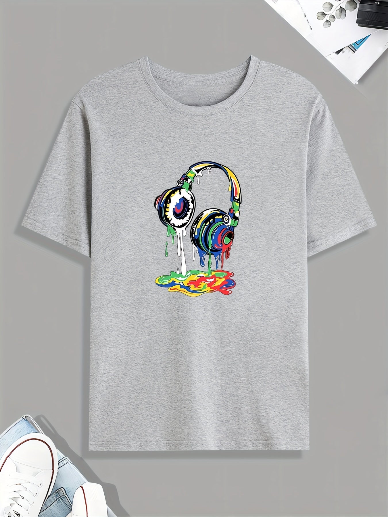 Headset Dripping Color Paint Print T Shirt, Tees For Men, Casual Short Sleeve Tshirt For Summer Spring Fall, Tops As Gifts