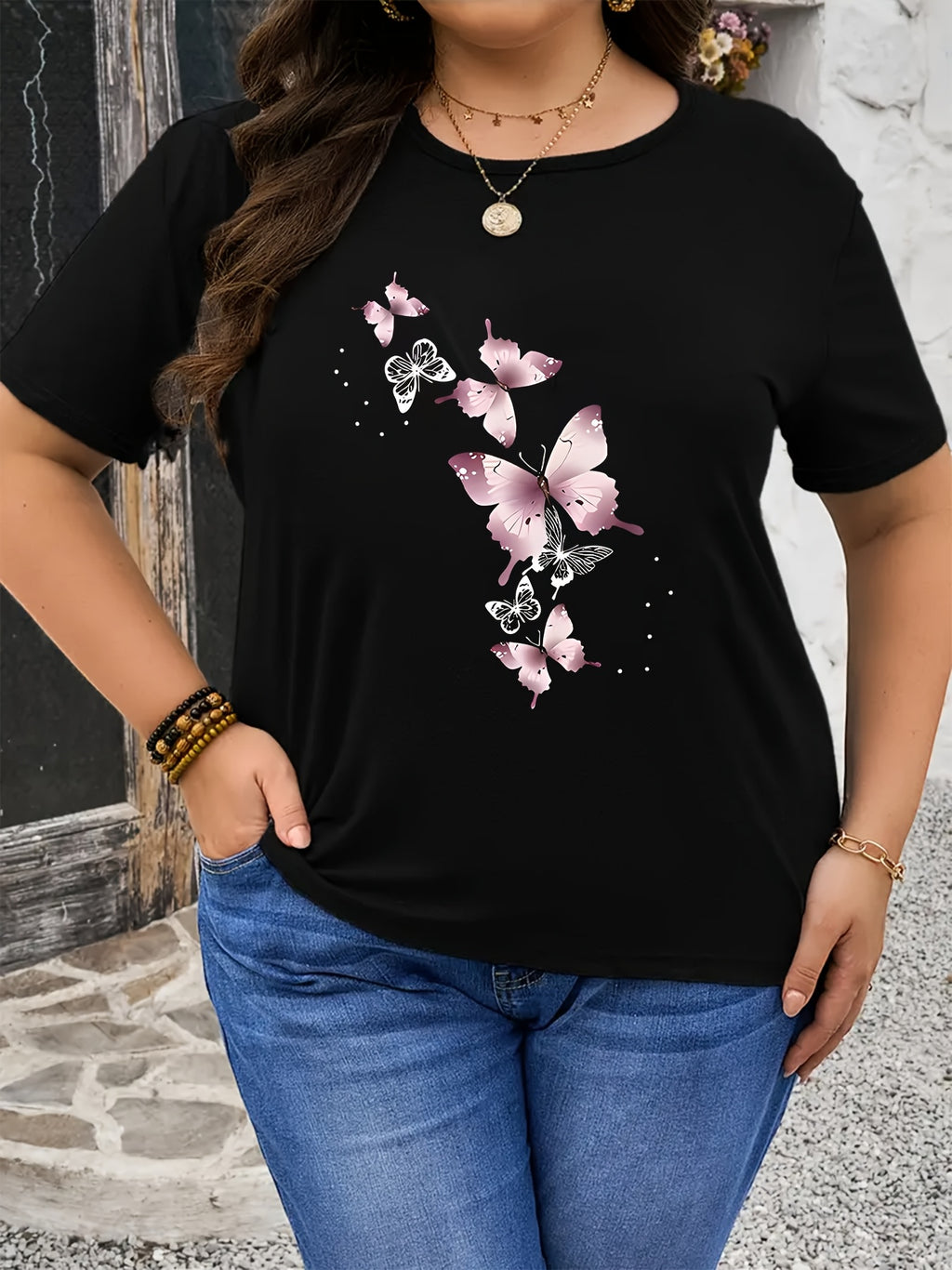 Plus Size, Pink Butterfly Print Plus Size Women's T-Shirt