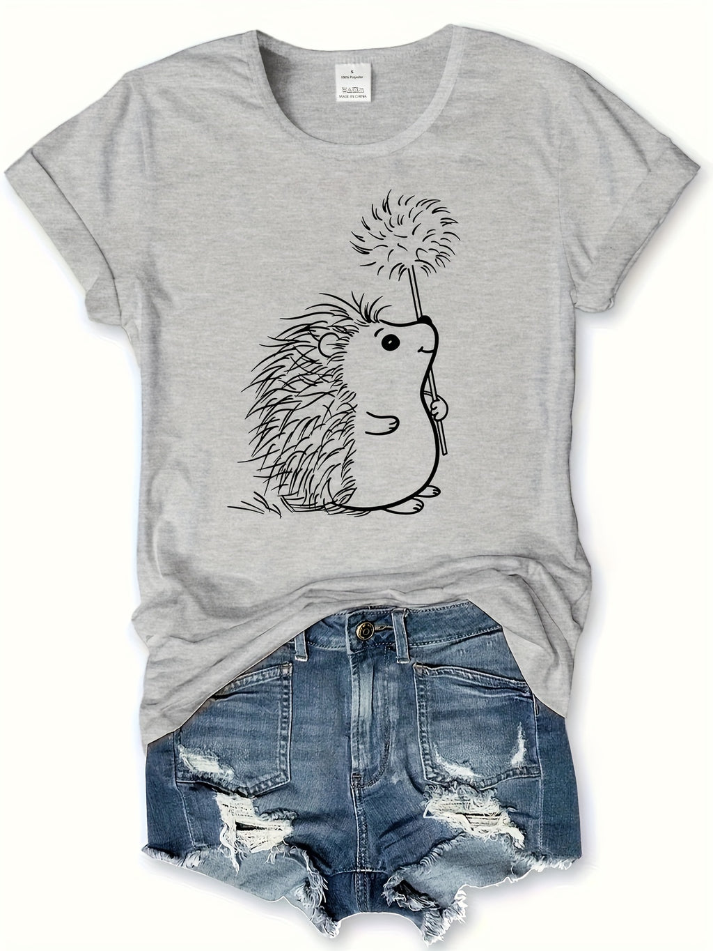 Hedgehog Print Crew Neck T-Shirt, Casual Short Sleeve T-Shirt For Spring & Summer, Women's Clothing