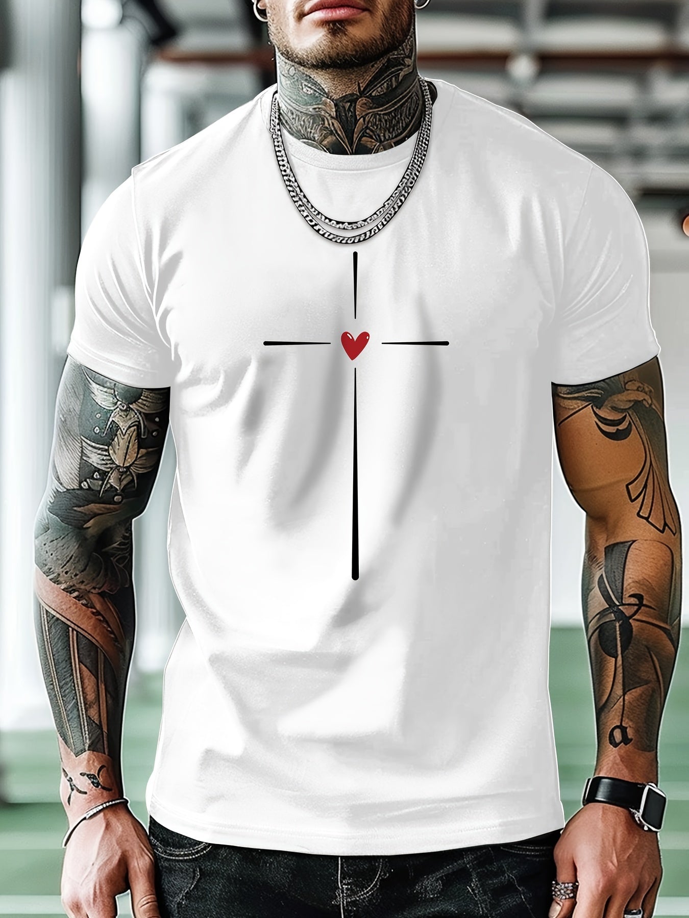 Men's Fashion Casual Cross Heart Line Print Regular Shoulder Short Sleeve T-Shirt, Comfortable and Versatile, All Seasons, Gift, Breathable, Sports