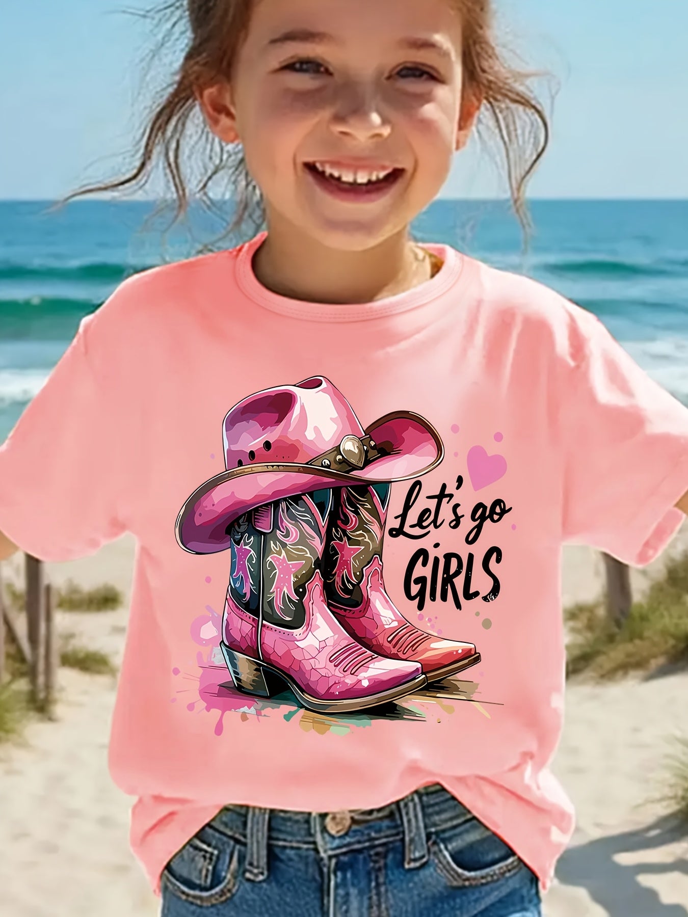 Fashion Vintage Girls Summer T-Shirt, Stylish Cowboy Boots Pattern Print T-Shirt, Let'S Go, Girls Letter Print T-Shirt, Trendy Toddler Girls T-Shirt, Casual And Light Comfortable Crew Neck Short Sleeve T-Shirt, Girls' Clothing