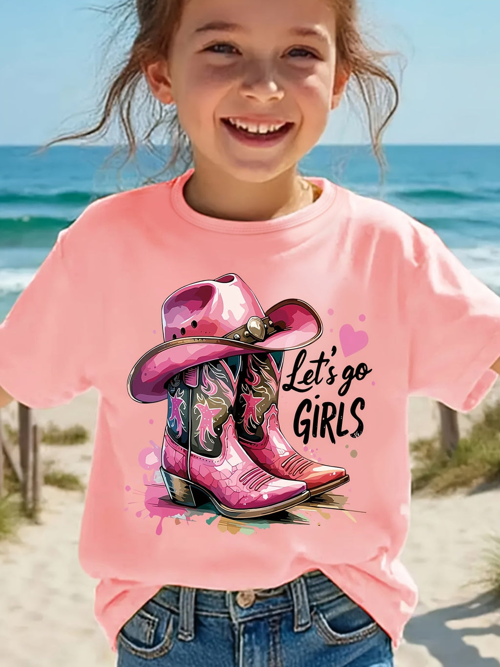 Fashion Vintage Girls Summer T-Shirt, Stylish Cowboy Boots Pattern Print T-Shirt, Let'S Go, Girls Letter Print T-Shirt, Trendy Toddler Girls T-Shirt, Casual And Light Comfortable Crew Neck Short Sleeve T-Shirt, Girls' Clothing