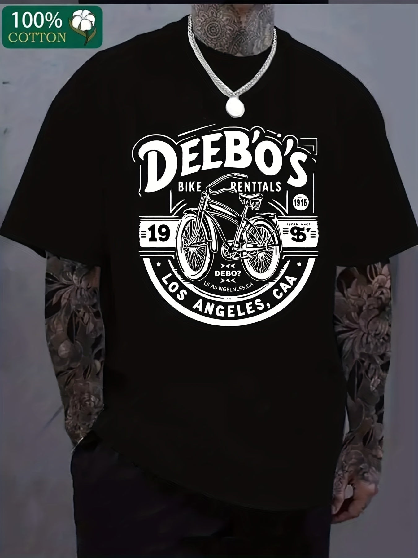 Men's Plus Size Black Graphic TShirt with Stylish 'DEEBO'S' Bike Rentals Design Unique Summer Casual Tee Featuring Bicycle Illustration and Vintage 19 5 Los Angeles CA Text Ideal for TattooRetro Casual Short-sleeved T-shirt with a Round Neck