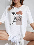 Circle Face Line with Color Block Pattern Print Summer Women's Loose Fit Oversized T-shirt