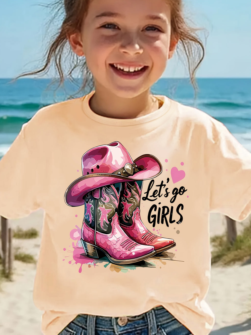 Fashion Vintage Girls Summer T-Shirt, Stylish Cowboy Boots Pattern Print T-Shirt, Let'S Go, Girls Letter Print T-Shirt, Trendy Toddler Girls T-Shirt, Casual And Light Comfortable Crew Neck Short Sleeve T-Shirt, Girls' Clothing