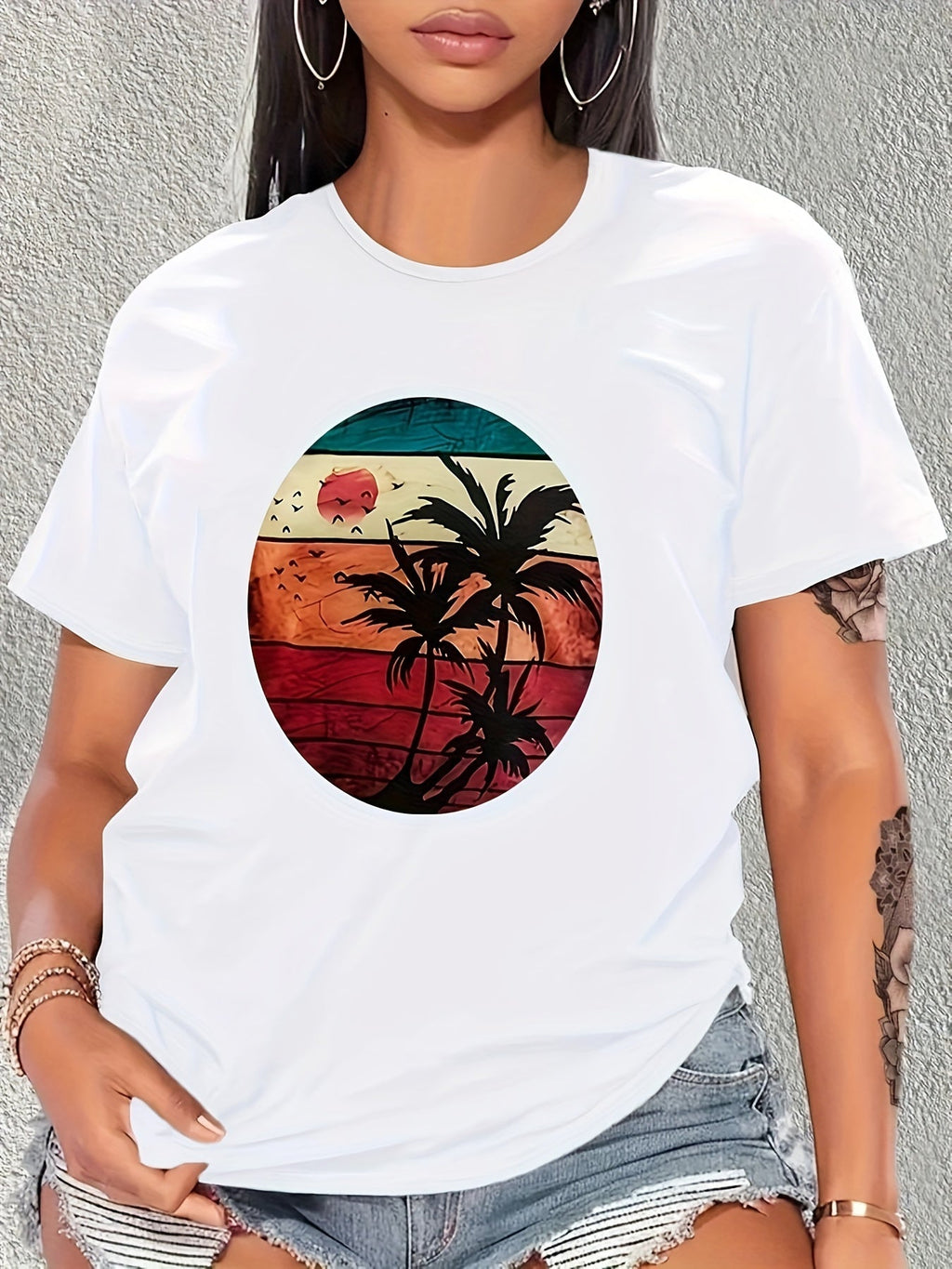 Coconut Tree And Sun Graphic Round Neck Sports T-shirt, Comfortable Soft Short Sleeves Causal Workout Tops, Women's Activewear
