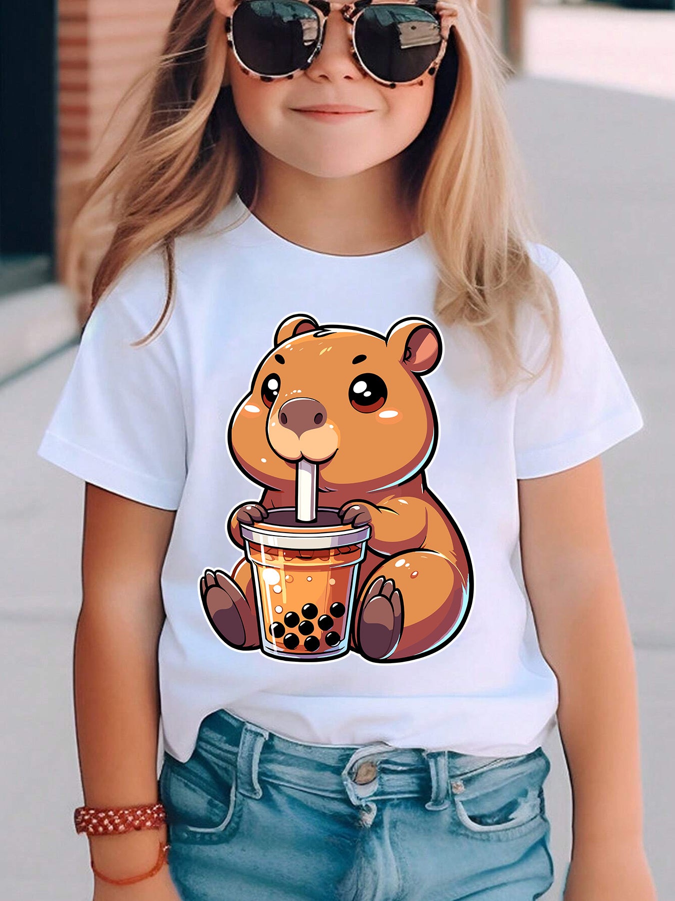 Girls' Summer Short Sleeve T-Shirt with Cute Bear Drinking Boba Milk Tea & Letter Print Round Neck Blouse - Casual Summer Top for, Playdates, Casual Attire - Easy-Care for & Little Girls (DX5334)