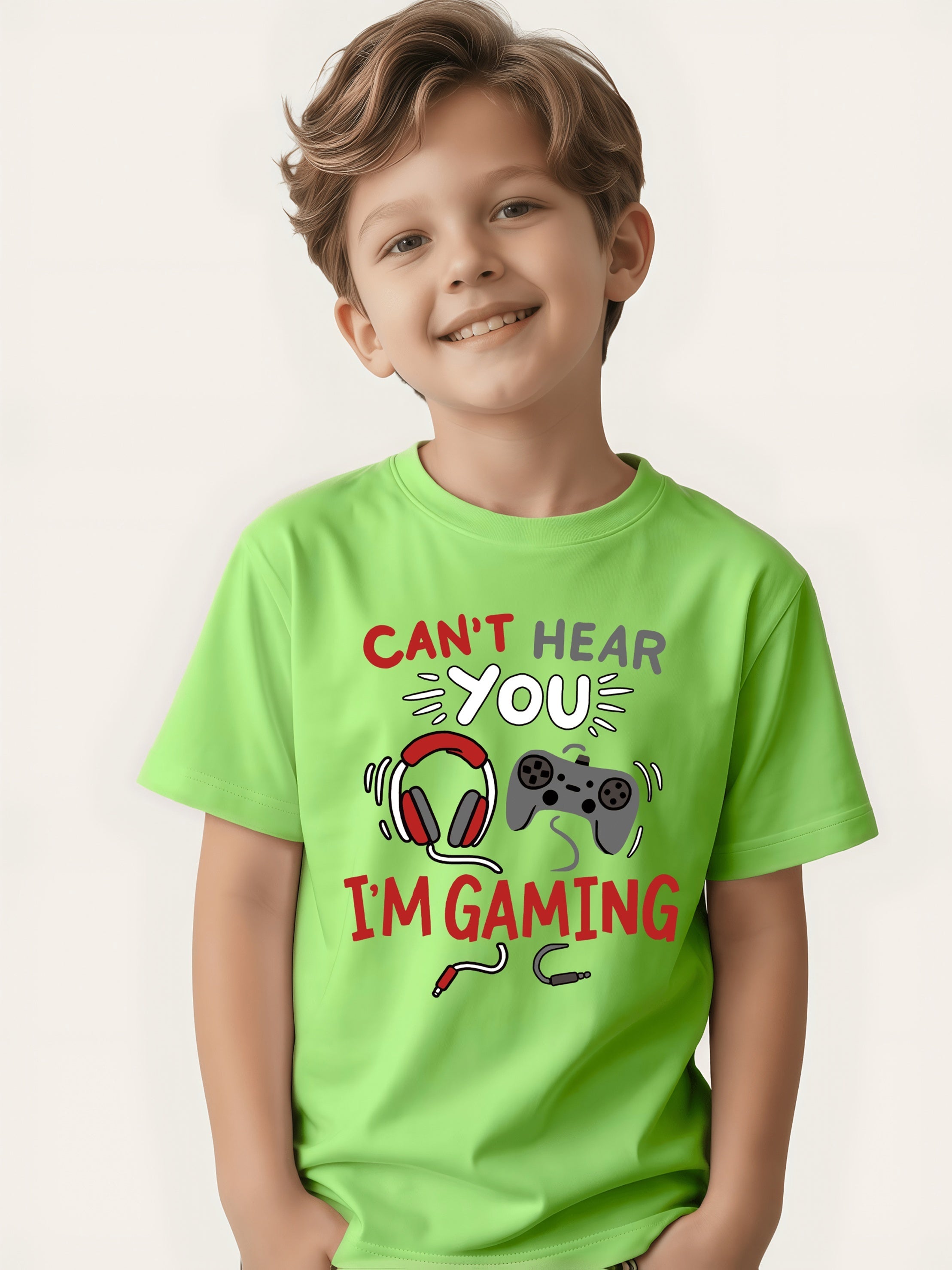 Boys' Graphic T-Shirt - "Can't Hear You While Gaming" Slogan Tee - Casual Loose-Fit Breathable Fashion Top for Gamers - Orange Daily Casual and LAN Party Outfit - Machine Washable Summer Apparel, Gaming Style, Crew Neck Design, Youth Style