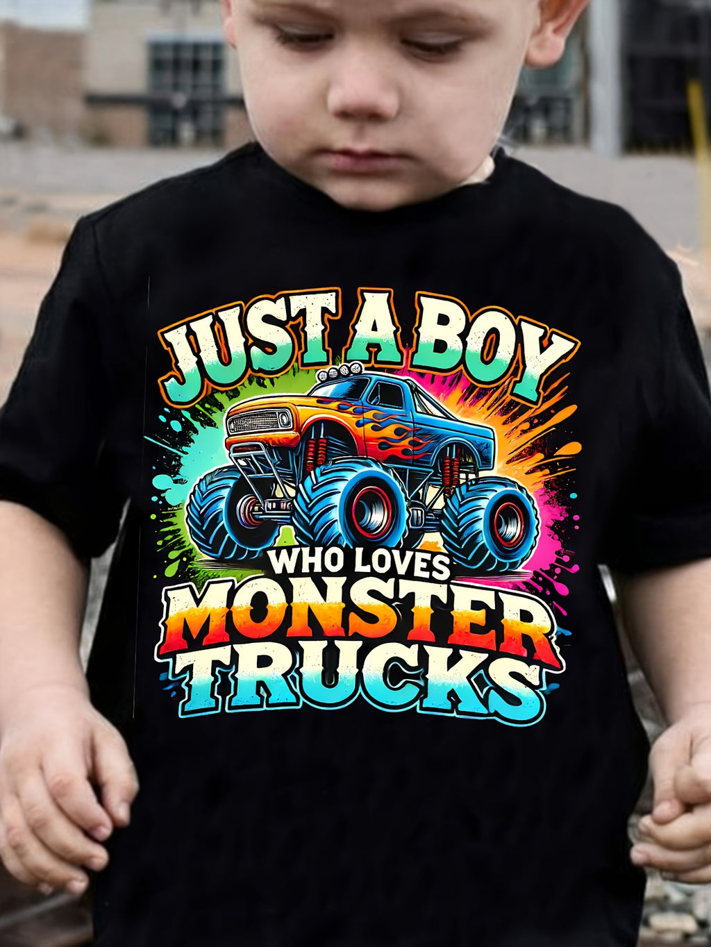 TX31220 Boy JUST A BOY WHO LOVES MONSTER TRUCKS Truck Print Casual Round Neck T-shirt
