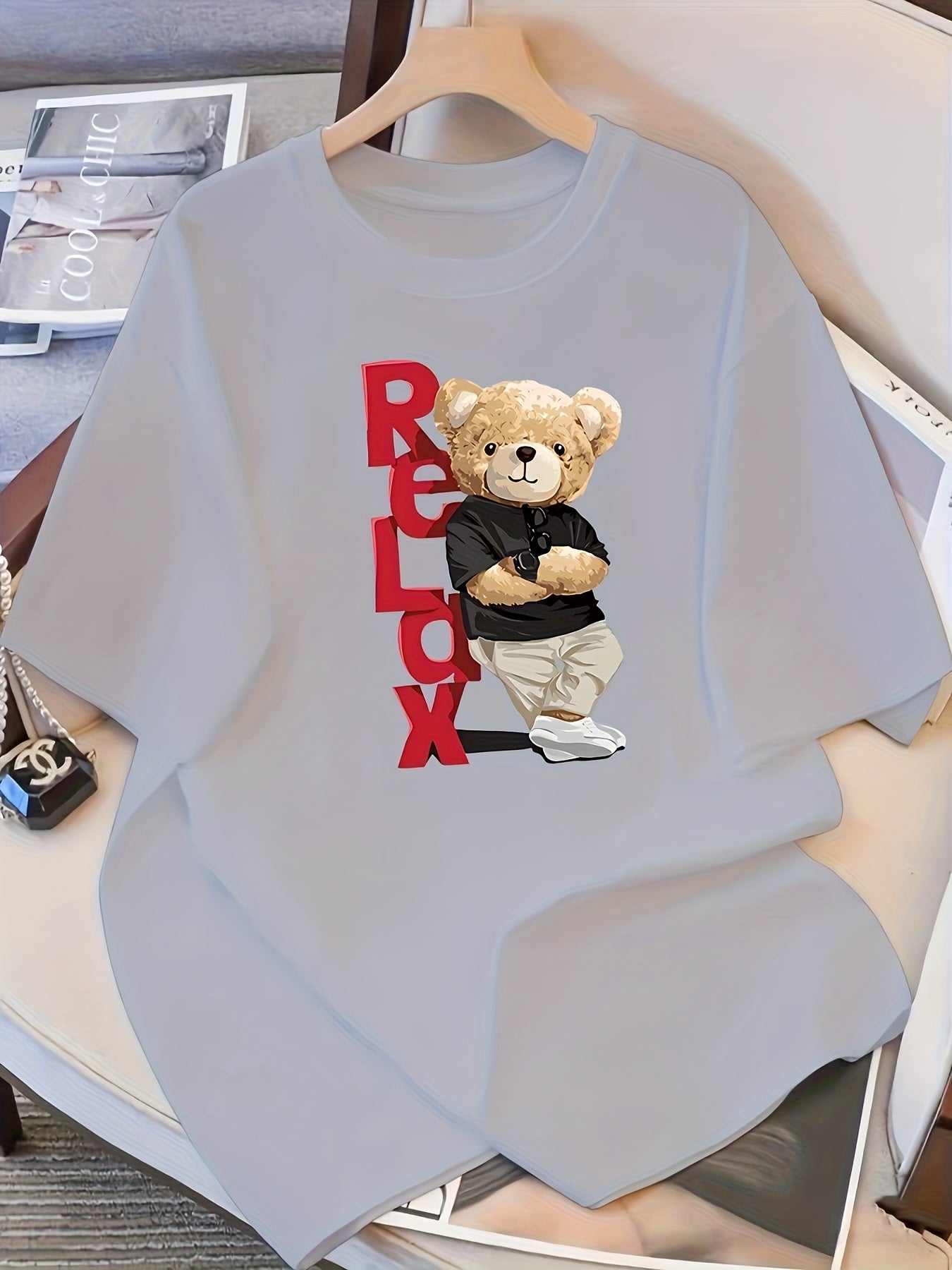 Men's Bear Print Short Sleeve T-Shirt - Summer Casual Round Neck Tee with Bear & Beech Tree Ink Drawing, Comfortable Regular Fit, Machine Washable Opaque Shirt for Outdoor & Casual Attire - In Stock ()