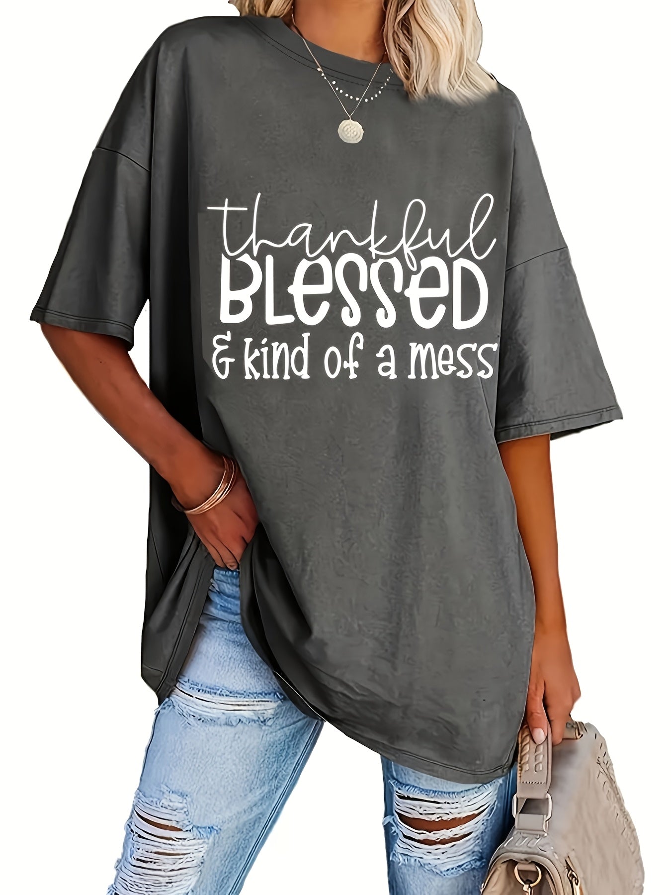 Plus Size Blessed Print T-shirt, Short Sleeve Crew Neck Casual Top For Summer & Spring, Women's Plus Size Clothing