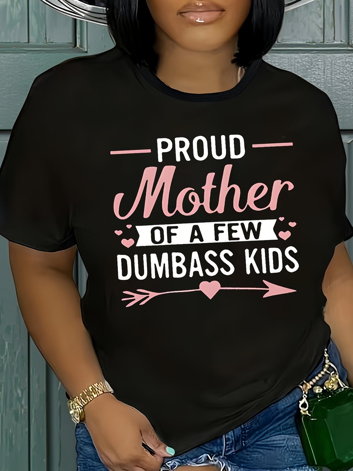 Plus Size Mother Print T-shirt, Casual Short Sleeve Crew Neck Top For Spring & Summer, Women's Plus Size Clothing