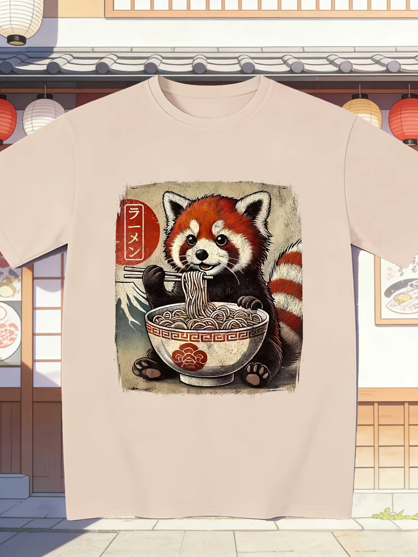 Men'S Funny Red Panda Eating Ramen Japanese Kawaii Anime Design T-Shirt - Black Casual Short Sleeve Crew Neck, Suitable for Outdoor Activities And Daily Wear