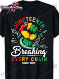 Men's Juneteenth T-Shirt - Breaking Every Chain Since 1865 Graphic Tee with Vibrant Green & Yellow Fist Symbol, African American Freedom Shirt, Glossy Medium Stretch Fabric Suitable for Casual Wear & Juneteenth, Machine Washable