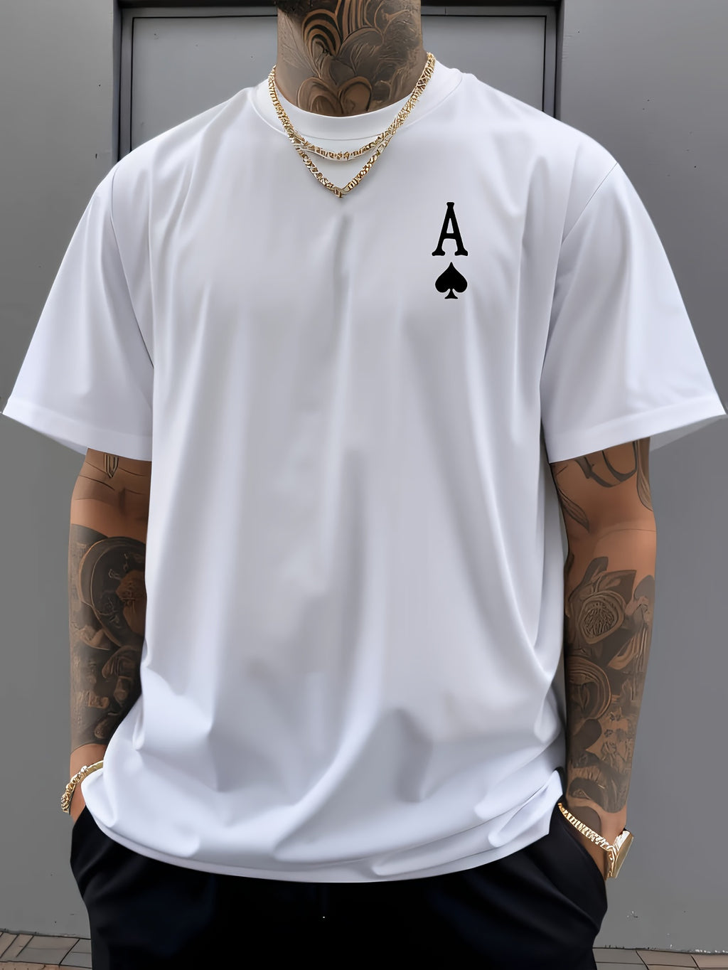Men's Black Peach a Poker Pattern Casual T-shirt-Soft Polyester Blending, Round Neck, Short Sleeve, Machine Washable