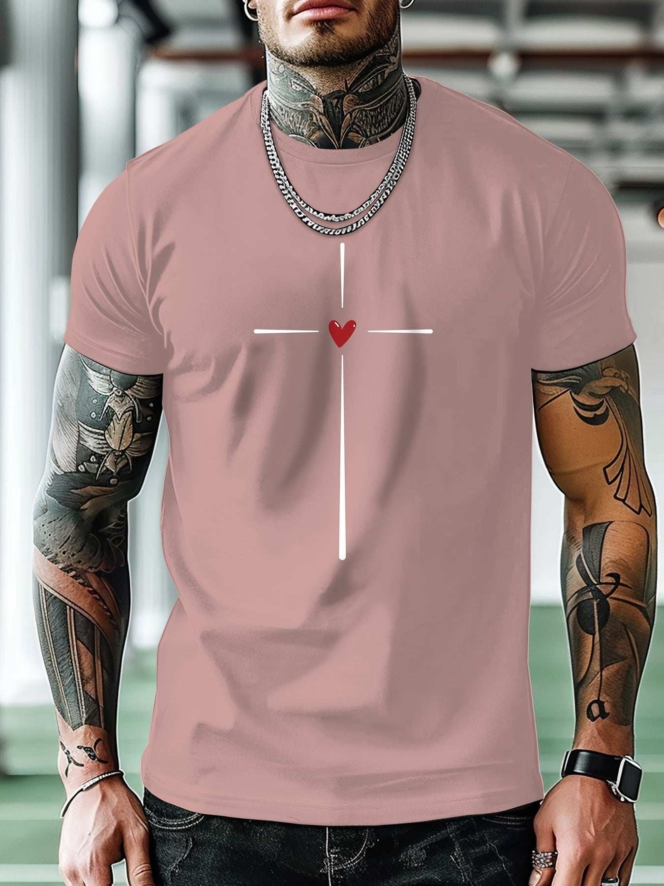 Men's Fashion Casual Cross Heart Line Print Regular Shoulder Short Sleeve T-Shirt, Comfortable and Versatile, All Seasons, Gift, Breathable, Sports