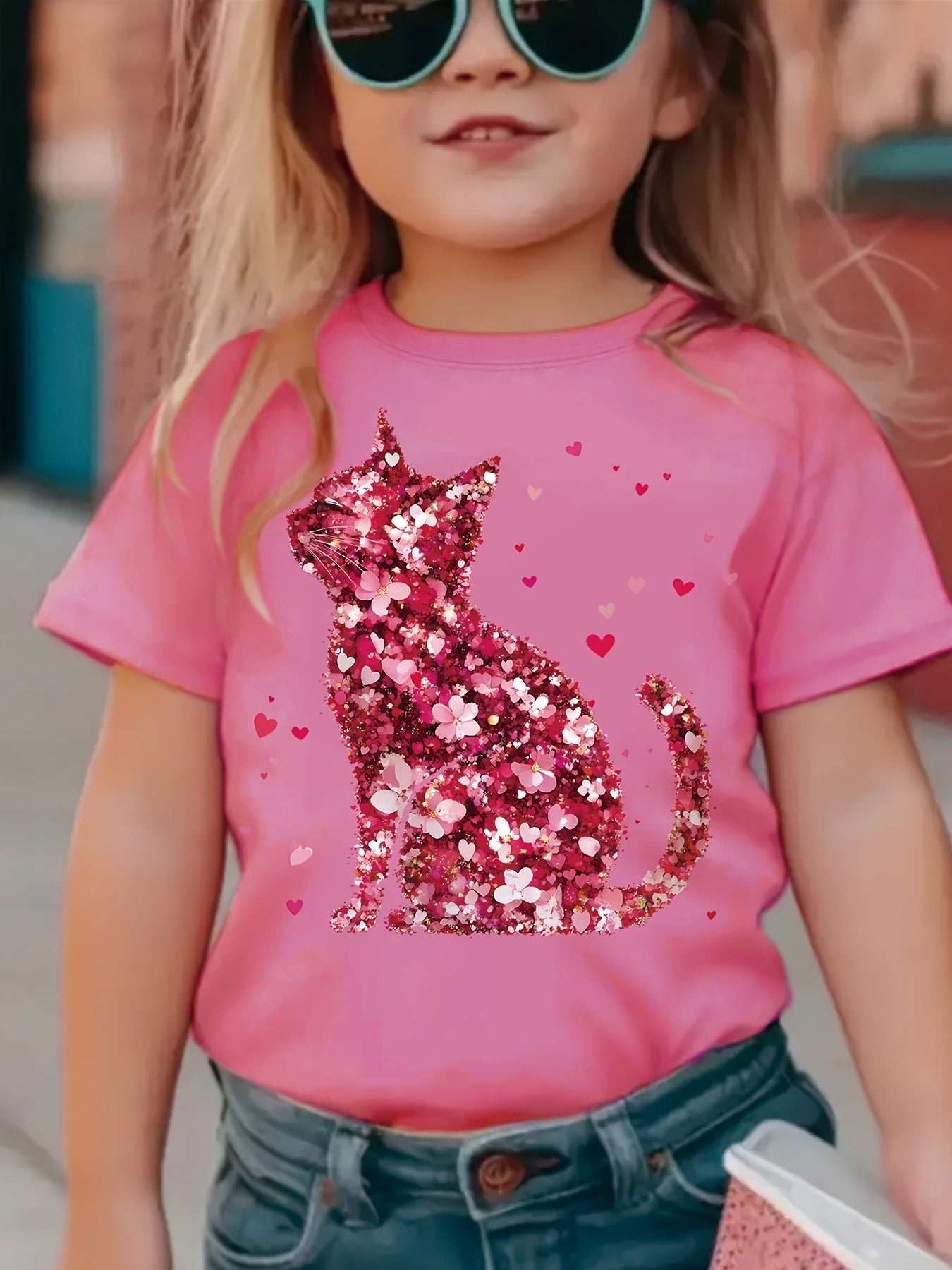 Cute girls' T-shirts, including a cat print T-shirt with faux sequin design, a romantic red floral print T-shirt, a round neck short-sleeved casual top, the perfect choice for summer outings.