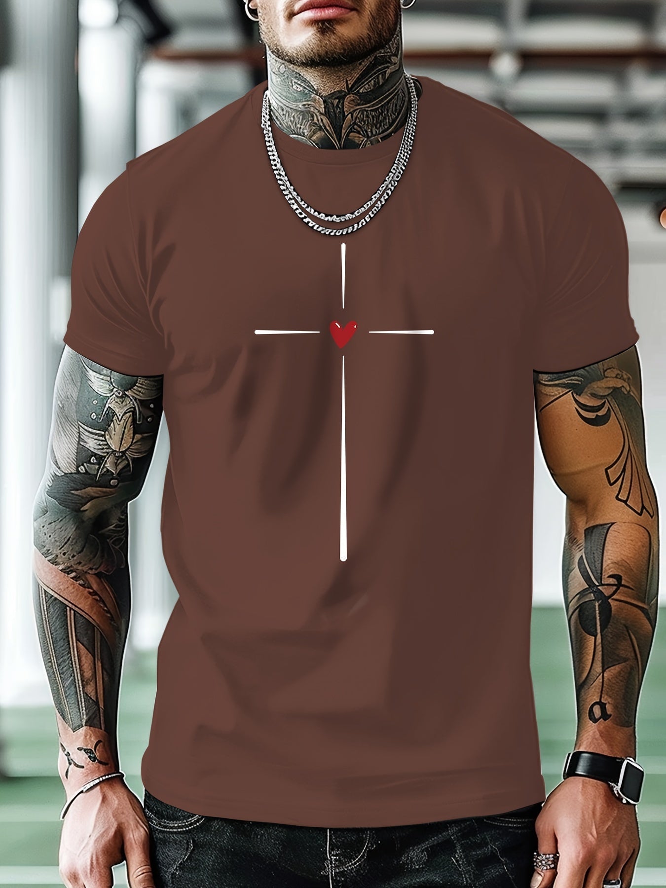 Men's Fashion Casual Cross Heart Line Print Regular Shoulder Short Sleeve T-Shirt, Comfortable and Versatile, All Seasons, Gift, Breathable, Sports