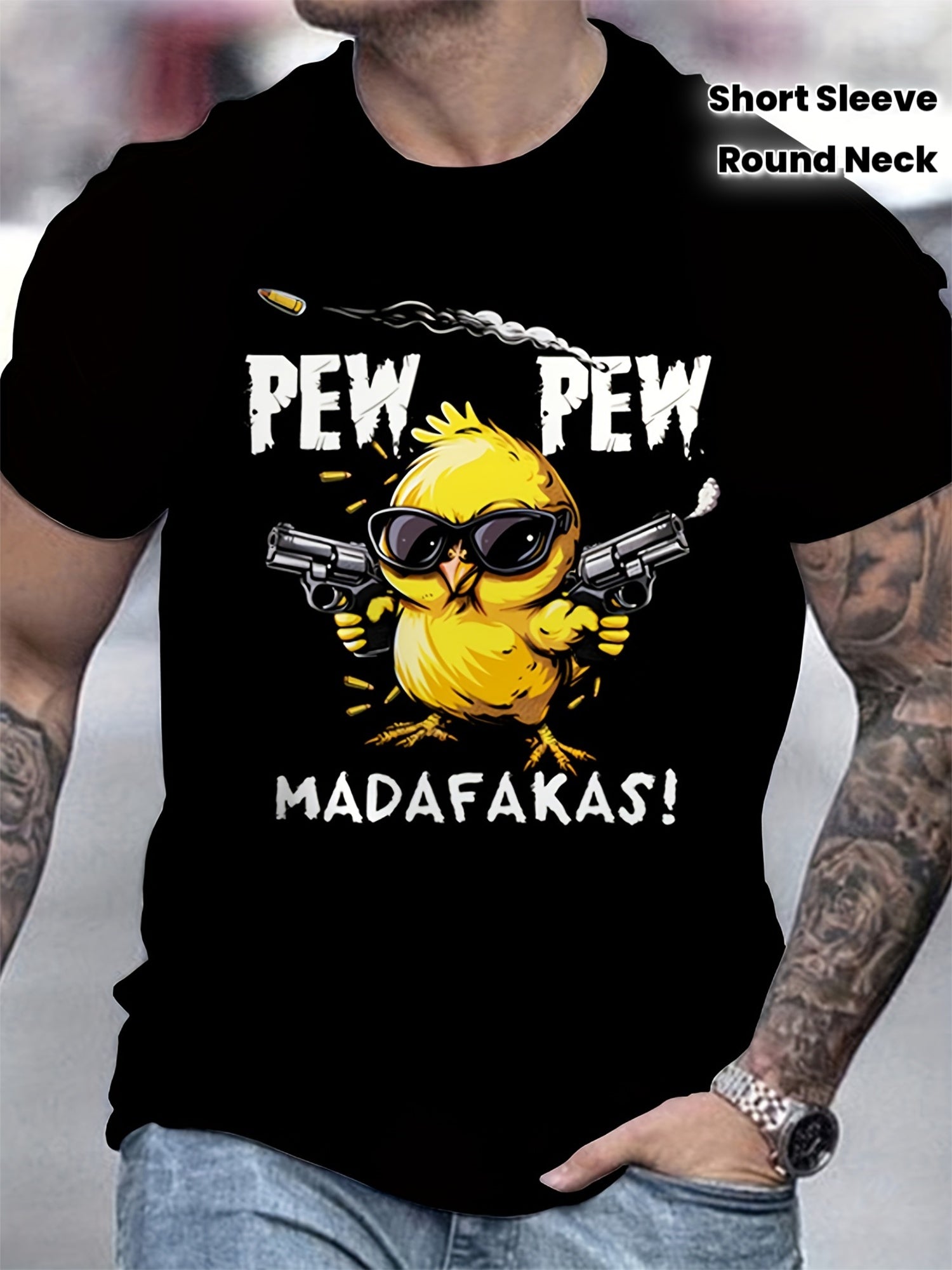 Men's Cool Chick PEW PEW Print T-Shirt Summer Casual Round Neck Short Sleeve Outdoor TopsPrint T-Shirt Summer Casual Round Neck Short Sleeve Outdoor Tops