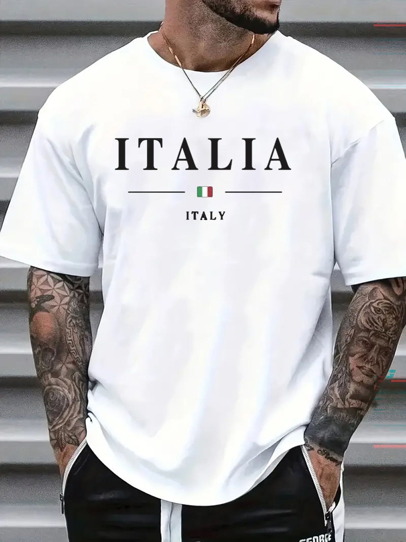 ITALIA Mens TShirt Comfortable Crew Neck Casual Cotton ShortSleeves Soft Breathable Top Menswear Tshirt Summer Spring Streetwear Cotton Fabric Trendy Letter Print