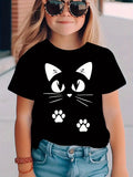 Summer Fashion Girls' Short-Sleeve T-Shirt with Kitten Element Print, Casual and Versatile Top NY-DX5556