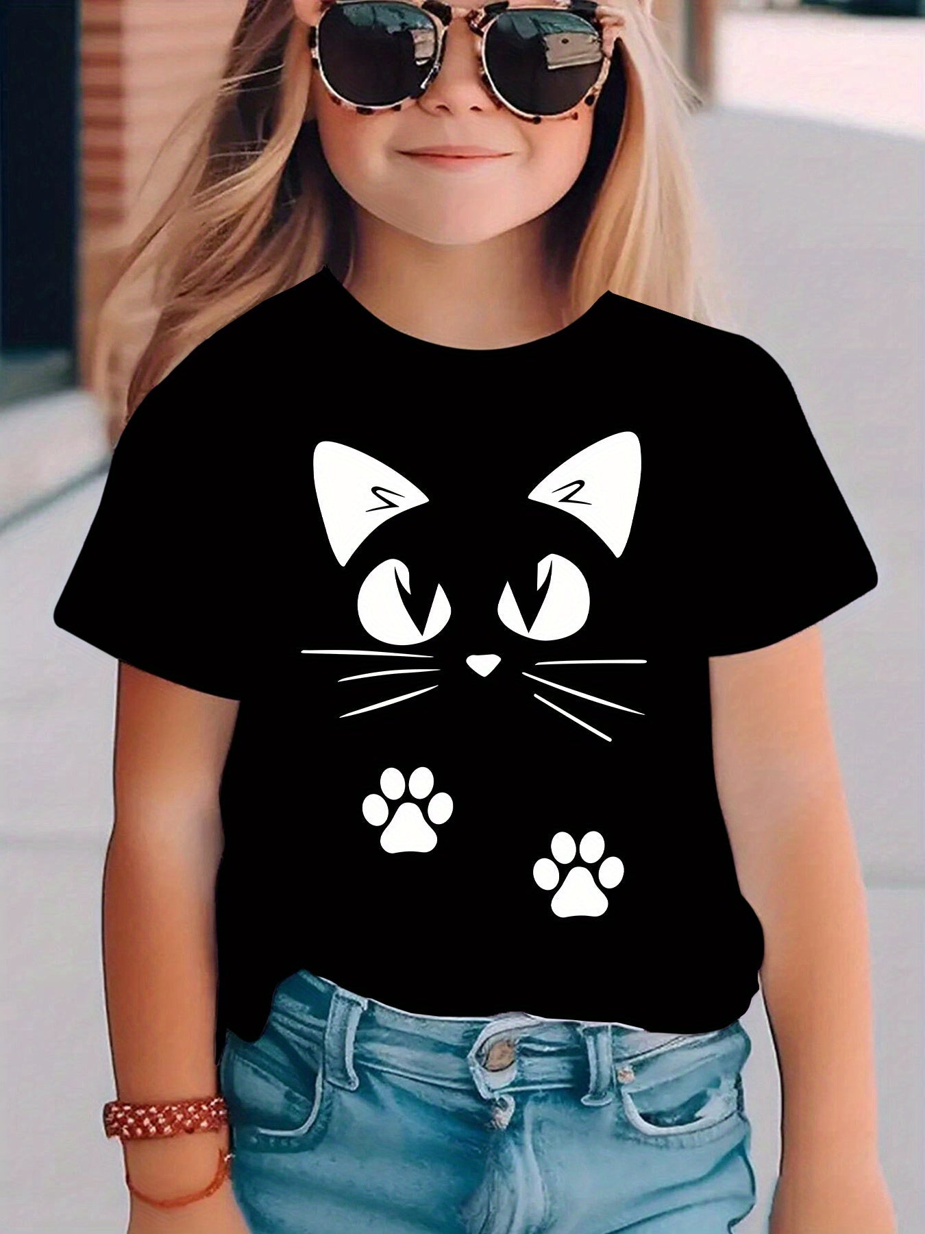 Summer Fashion Girls' Short-Sleeve T-Shirt with Kitten Element Print, Casual and Versatile Top NY-DX5556