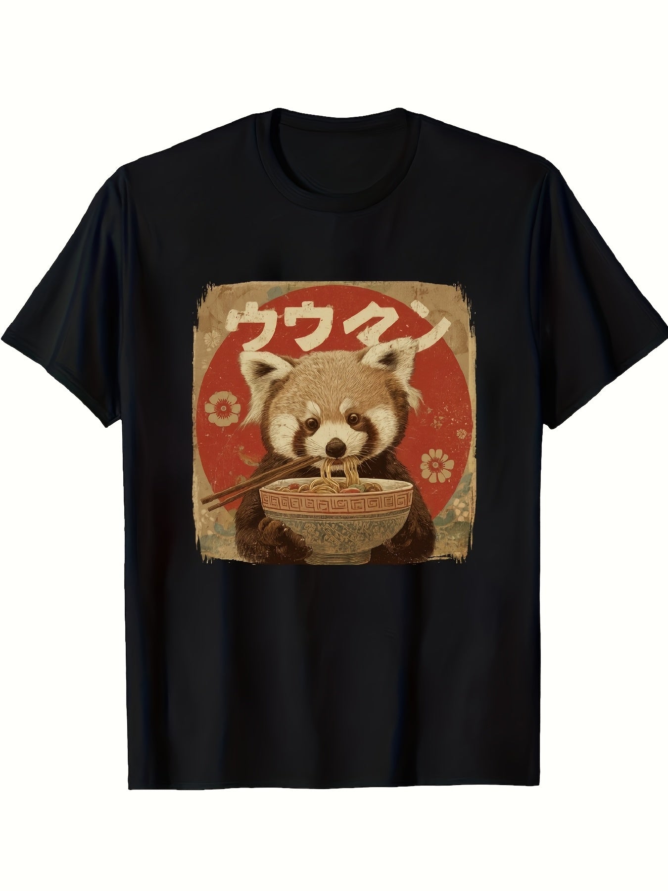 Men'S Funny Red Panda Eating Ramen Japanese Kawaii Anime Design T-Shirt - Black Casual Short Sleeve Crew Neck, Suitable for Outdoor Activities And Daily Wear