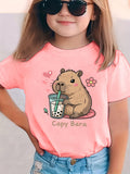 Summer Fashion Short-Sleeve T-Shirt for Girls Featuring a Capybara with Heart Flowers And a Milk Tea Theme, Casual And Versatile Top NY-DX8830