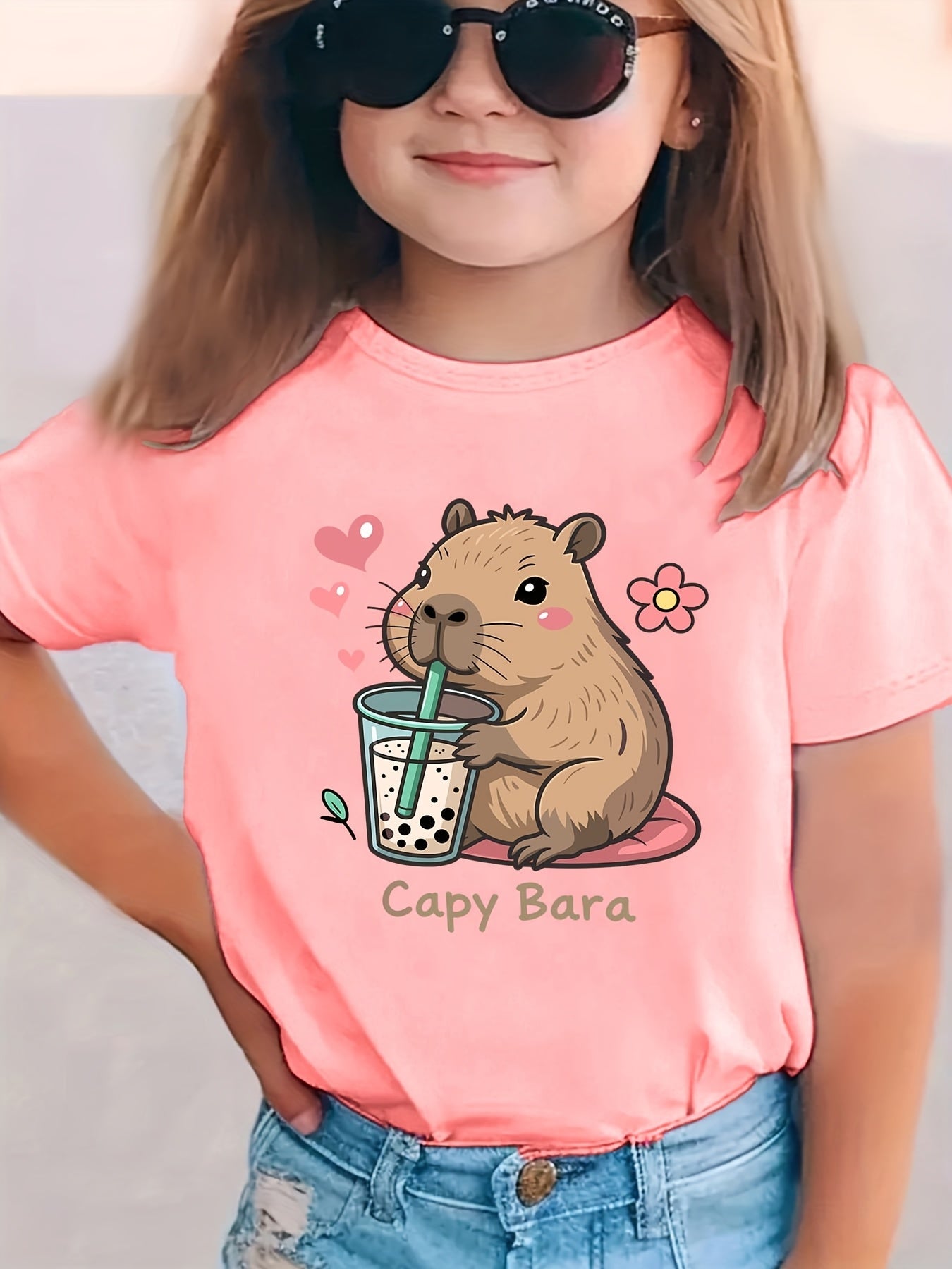 Summer Fashion Short-Sleeve T-Shirt for Girls Featuring a Capybara with Heart Flowers And a Milk Tea Theme, Casual And Versatile Top NY-DX8830