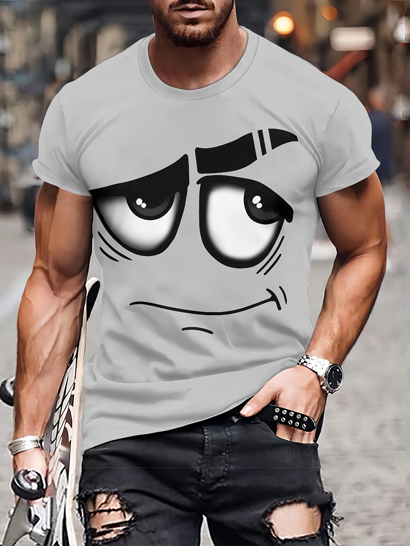 Men's 3D Novelty Graphic Tee - Casual Polyester Crew Neck T-Shirt, Machine Washable