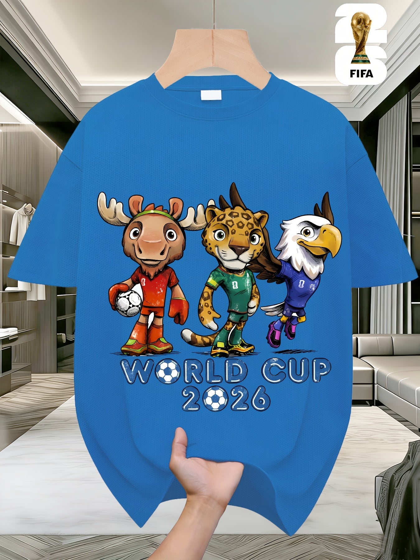 FIFA World Cup Football Men's Fashionable Short-sleeved T-shirt with a US, Canada and Mexico Themed Print. A Casual and Comfortable Summer T-shirt with a Cartoon Theme Design, Perfect for Outdoor Summer Wear, Birthday Gifts, and World Cup Presents.