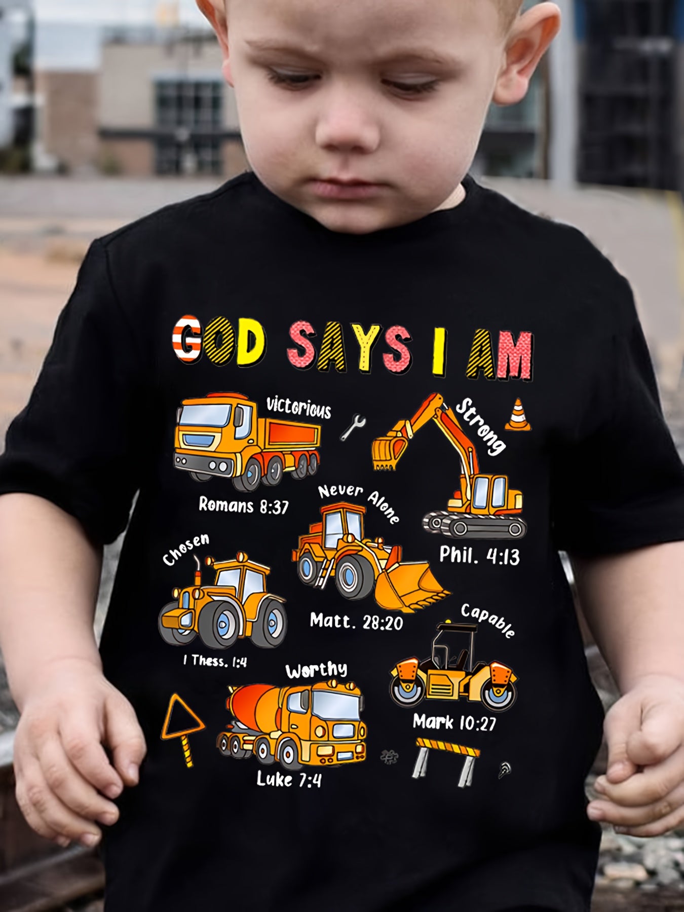 Boys' Fashionable Children's T-Shirt "God Says I Am..." Excavator and Truck Print, Cute Short-Sleeve T-Shirt, Versatile Casual Top