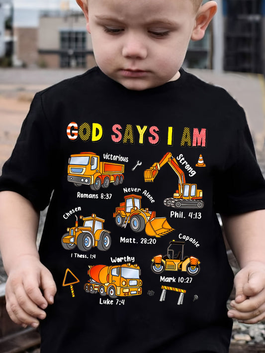 Boys' Fashionable Children's T-Shirt "God Says I Am..." Excavator and Truck Print, Cute Short-Sleeve T-Shirt, Versatile Casual Top
