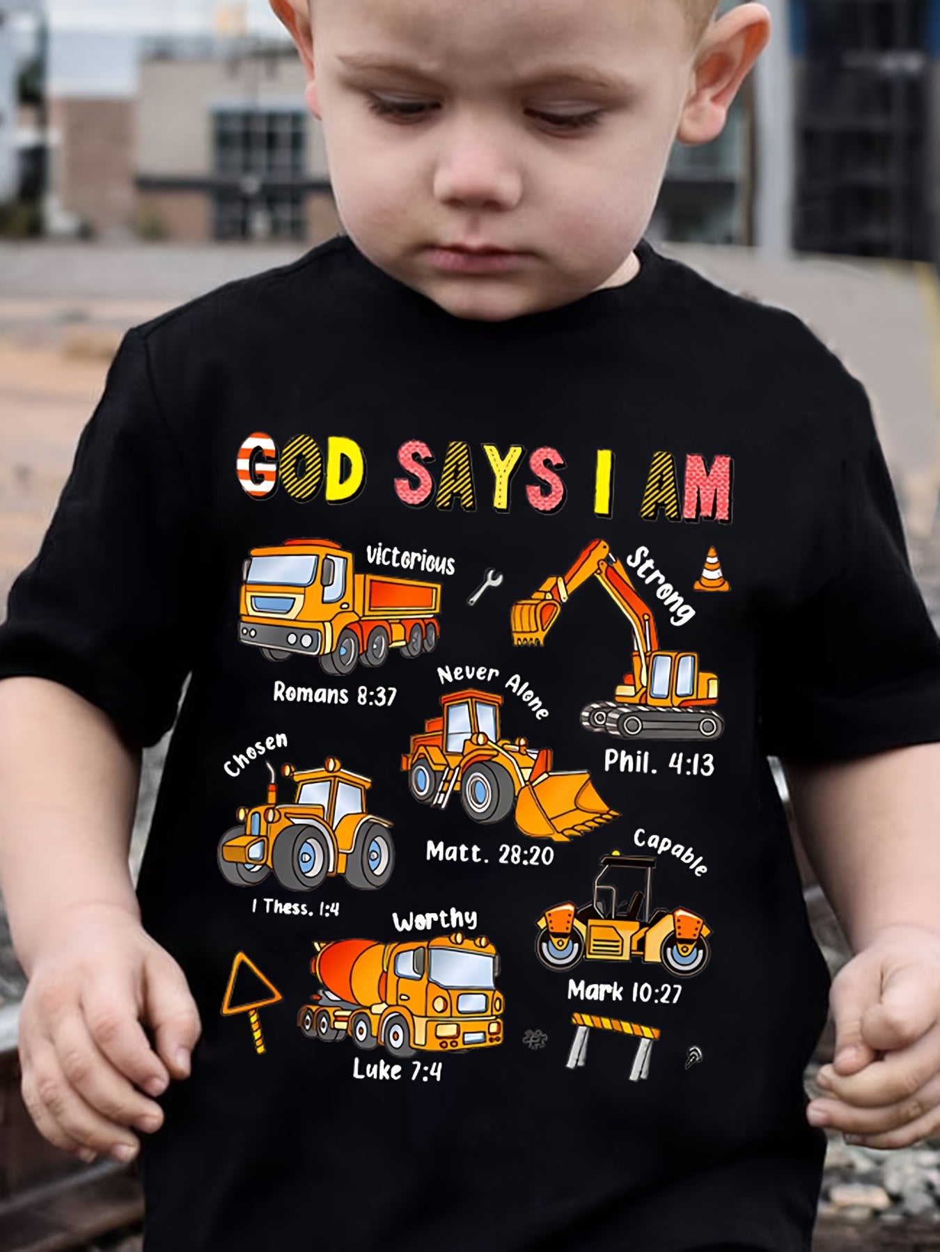 Boys' Fashionable Children's T-Shirt "God Says I Am..." Excavator and Truck Print, Cute Short-Sleeve T-Shirt, Versatile Casual Top