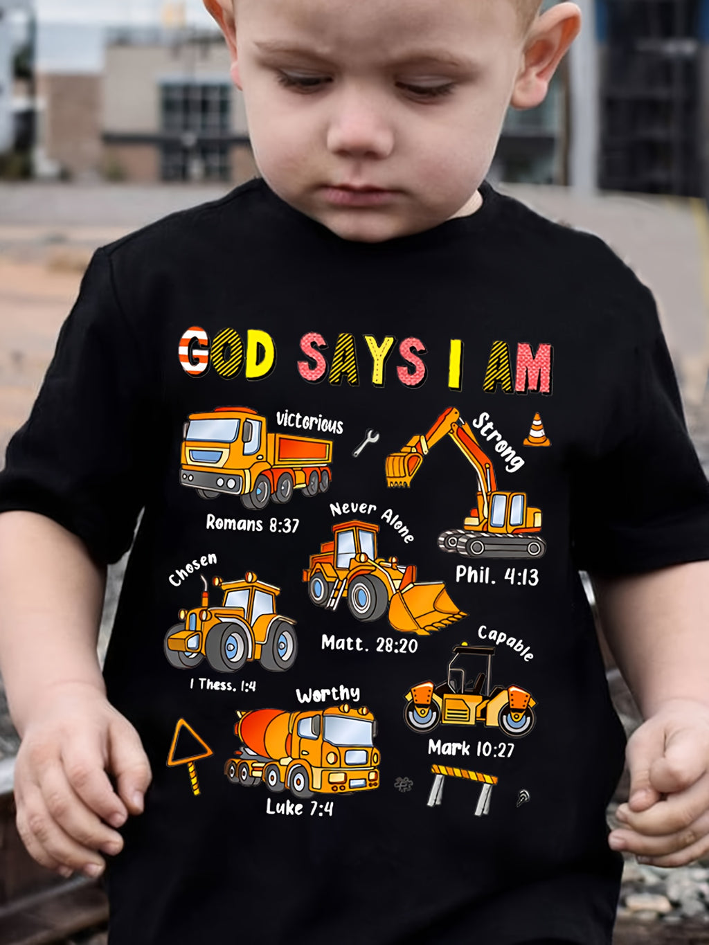 Boys' Fashionable Children's T-Shirt "God Says I Am..." Excavator and Truck Print, Cute Short-Sleeve T-Shirt, Versatile Casual Top