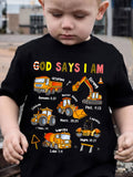Boys' Fashionable Children's T-Shirt "God Says I Am..." Excavator and Truck Print, Cute Short-Sleeve T-Shirt, Versatile Casual Top