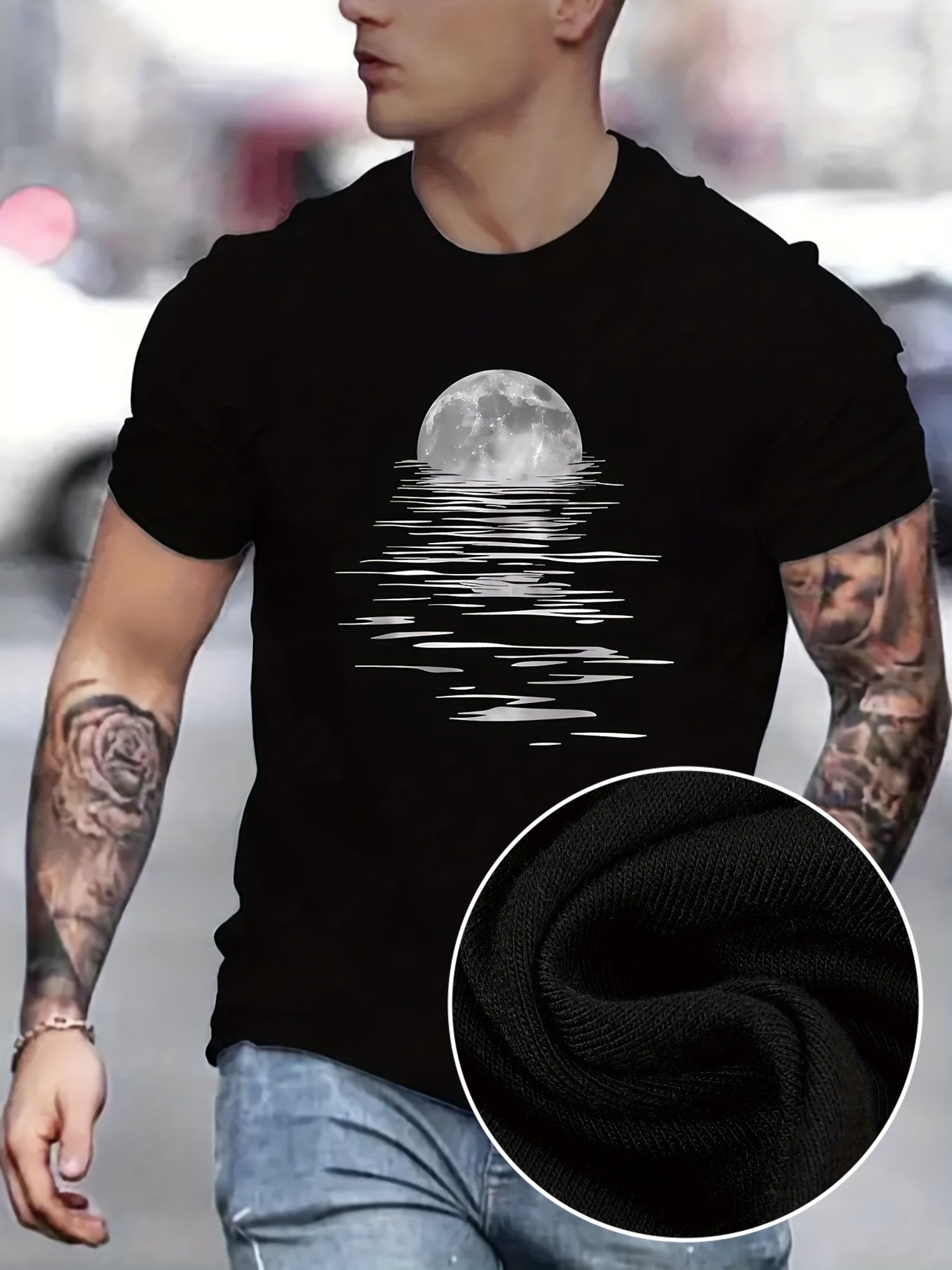 Men's Stylish Moon Creative Print T-Shirt, Crew Neck Short Sleeve, Casual Tee, Versatile Top For Spring And Summer, Trendy Streetwear Fashion