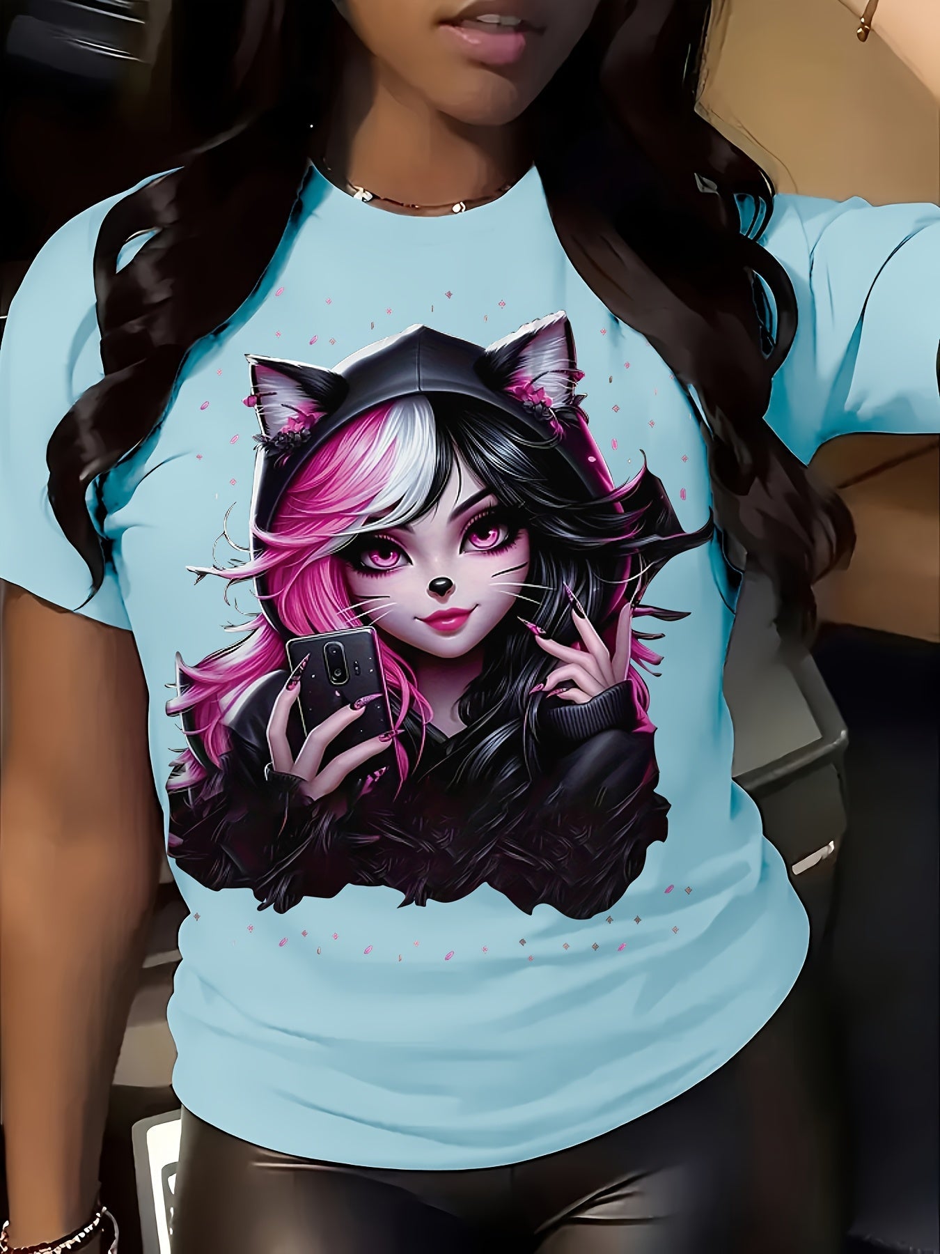 Women's Anime Cat Ear Graphic T-Shirt - Japanese Manga Print Short Sleeve Crew Neck Top, Soft Stretch Casual Summer & Spring Tee for Conventions, Themed Events & Casual Attire