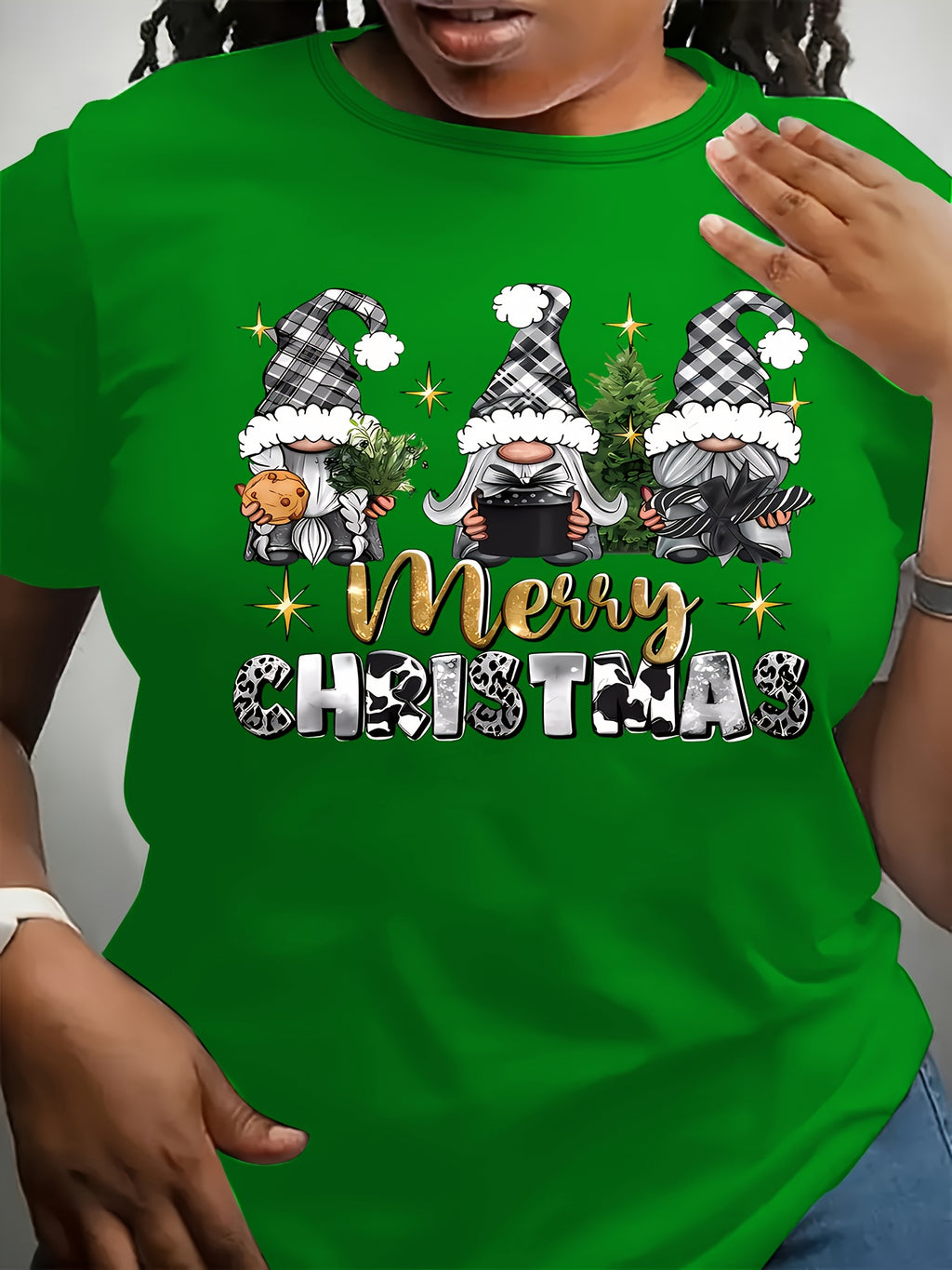 Plus Size Women's Casual Christmas Graphic T-Shirt - Festive Gnome & Merry Christmas Letter Print, Soft Short Sleeve Round Neck Tee for Holiday Parties & Casual Attire, Relaxed Fit Tee, Machine Washable Shirt