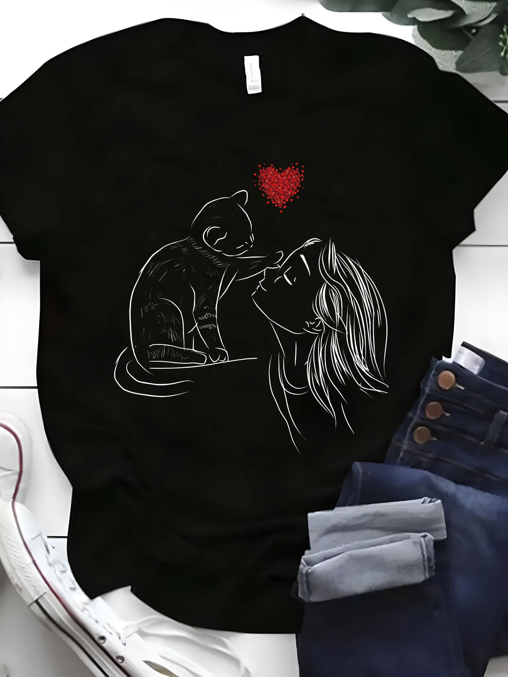 Plus Size Cat & Woman Print T-Shirt, Casual Short Sleeve Top For Spring & Summer, Women's Plus Size Clothing