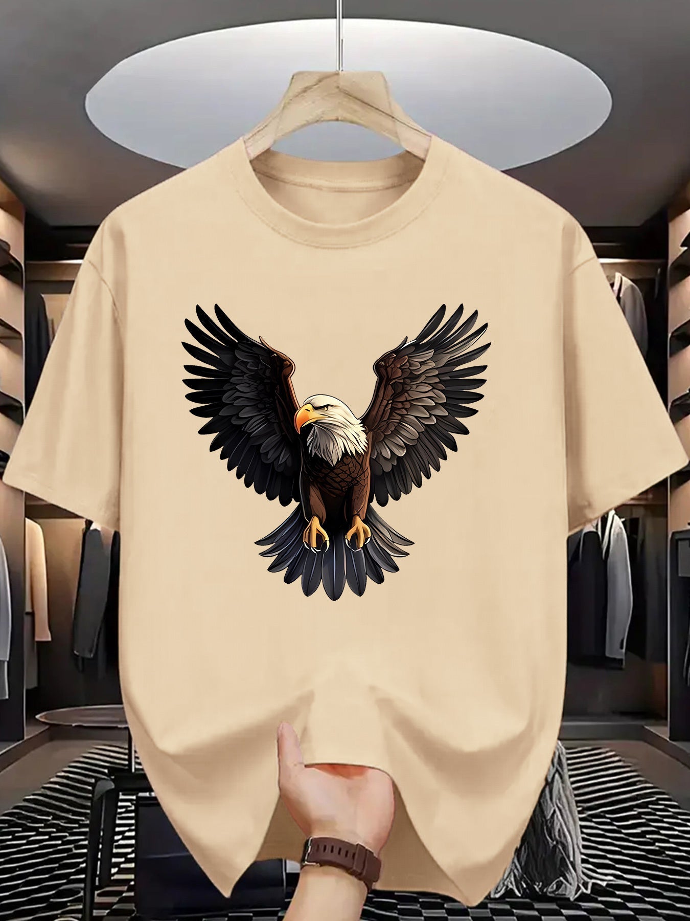 1pc Men'S Summer Fashion Eagle Print Short Sleeve T-Shirt, Casual Crew Neck Polyester Tee with Slight Stretch, Knit Fabric Letter Pattern Print for Adults