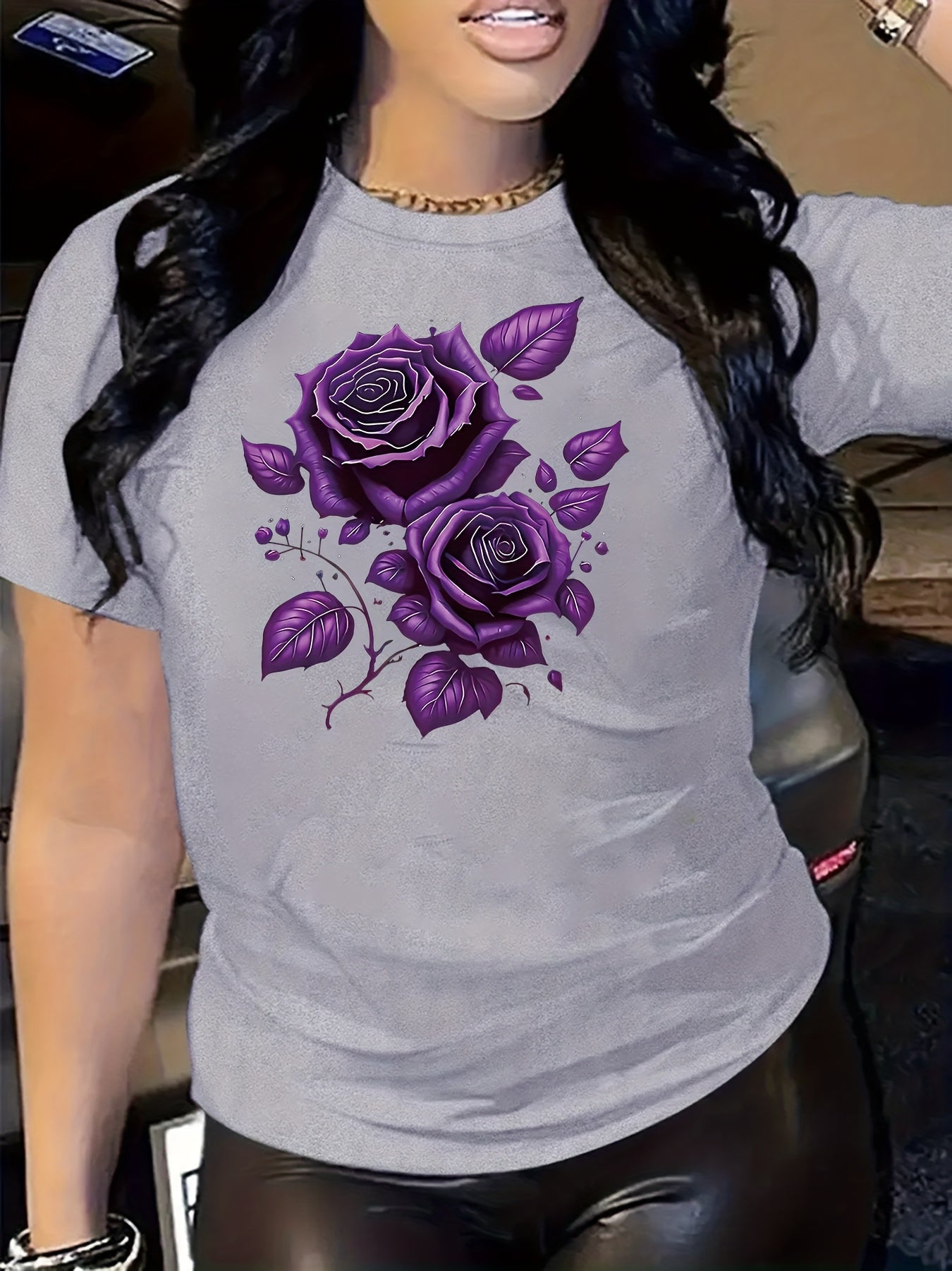 Purple Rose Pattern Printed Comfortable Women'S Short-Sleeve T-Shirt, Sports T-Shirt with Print, Women'S T-Shirt Design, Women'S Top