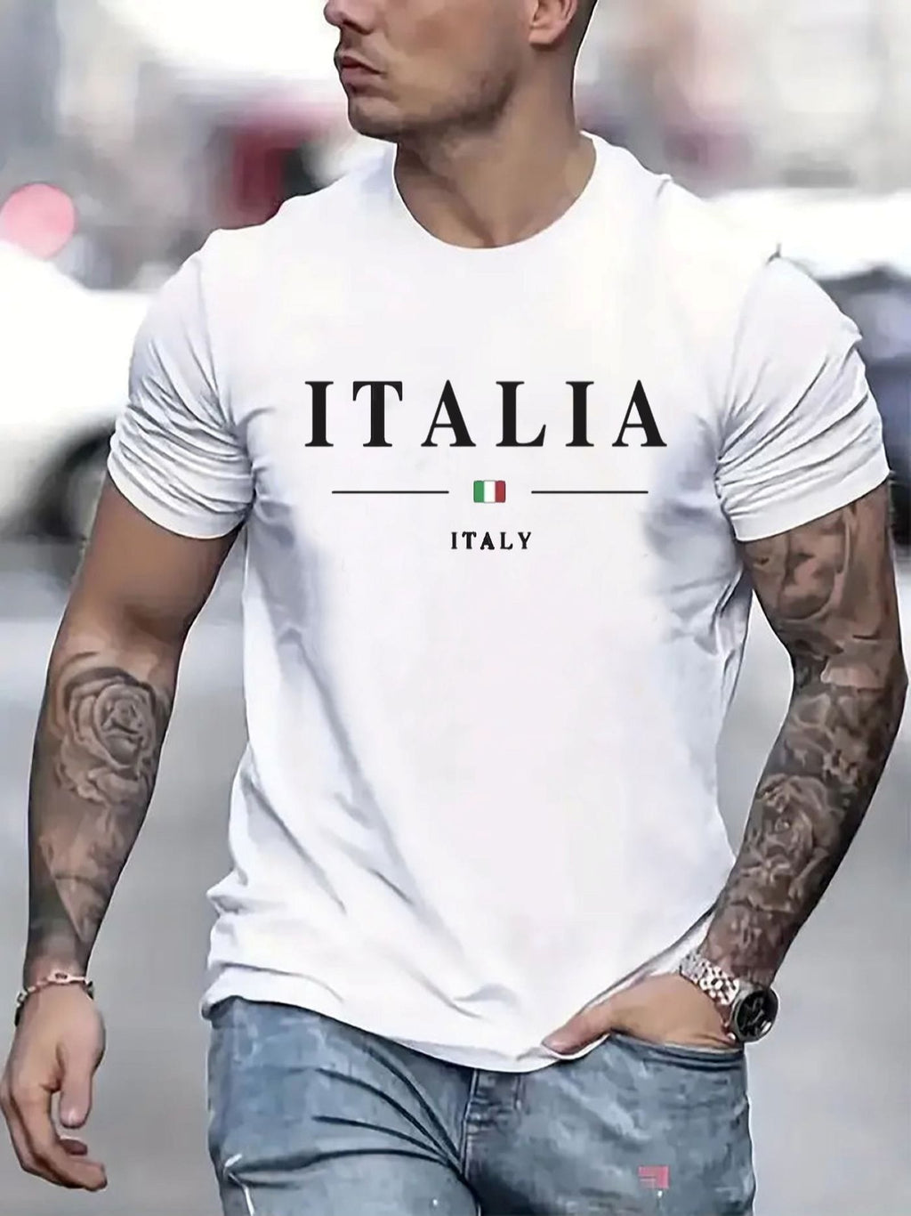 ITALIA Mens TShirt Comfortable Crew Neck Casual Cotton ShortSleeves Soft Breathable Top Menswear Tshirt Summer Spring Streetwear Cotton Fabric Trendy Letter Print